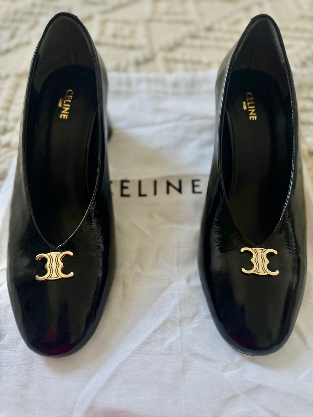 Celine Black Patent Leather Pumps with Gold Double C Logo - Picture 3 of 12